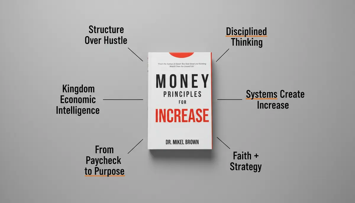 The Money Principles For Increase framework: structure over hustle, disciplined thinking, economic intelligence, systems create increase, from paycheck to purpose, faith plus strategy
